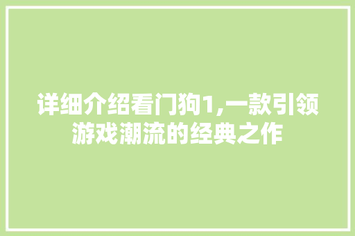 详细介绍看门狗1,一款引领游戏潮流的经典之作 详细介绍看门狗1,一款引领游戏潮流的经典之作