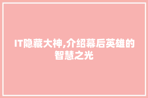 IT隐藏大神,介绍幕后英雄的智慧之光 IT隐藏大神,介绍幕后英雄的智慧之光