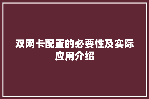 双网卡配置的必要性及实际应用介绍