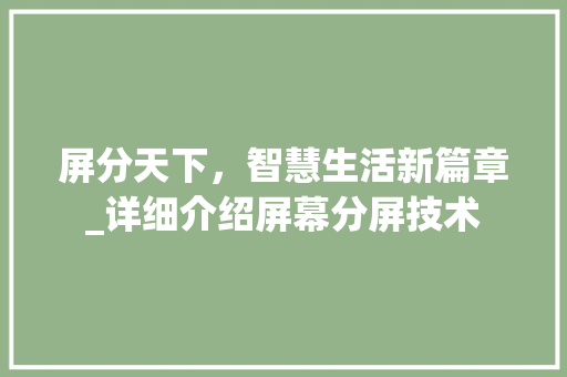 屏分天下，智慧生活新篇章_详细介绍屏幕分屏技术