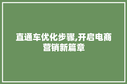 直通车优化步骤,开启电商营销新篇章