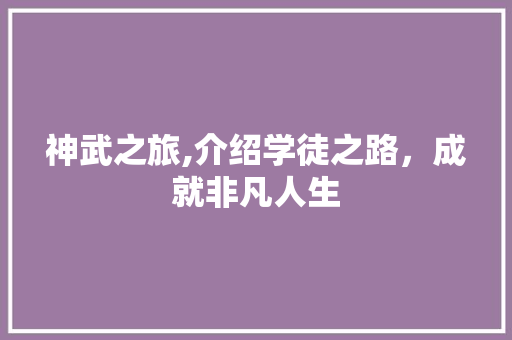 神武之旅,介绍学徒之路，成就非凡人生