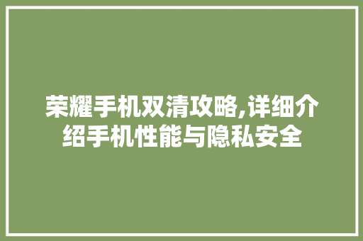 荣耀手机双清攻略,详细介绍手机性能与隐私安全