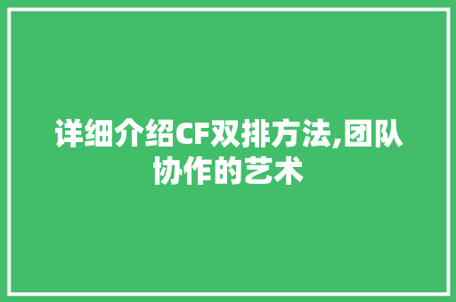 详细介绍CF双排方法,团队协作的艺术