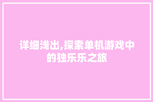 详细浅出,探索单机游戏中的独乐乐之旅