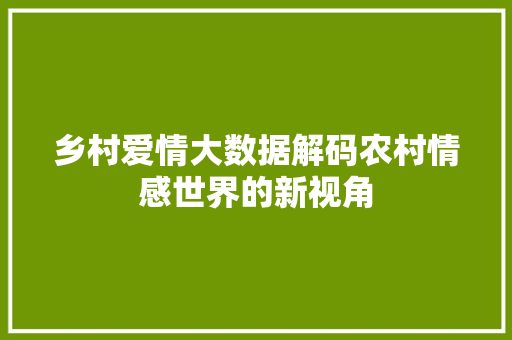 乡村爱情大数据解码农村情感世界的新视角