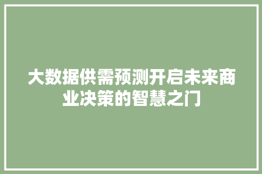 大数据供需预测开启未来商业决策的智慧之门