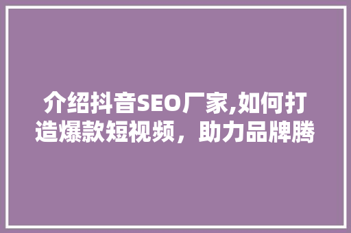 介绍抖音SEO厂家,如何打造爆款短视频，助力品牌腾飞