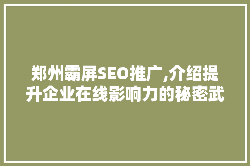 郑州霸屏SEO推广,介绍提升企业在线影响力的秘密武器