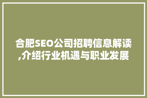 合肥SEO公司招聘信息解读,介绍行业机遇与职业发展路径 建站教程