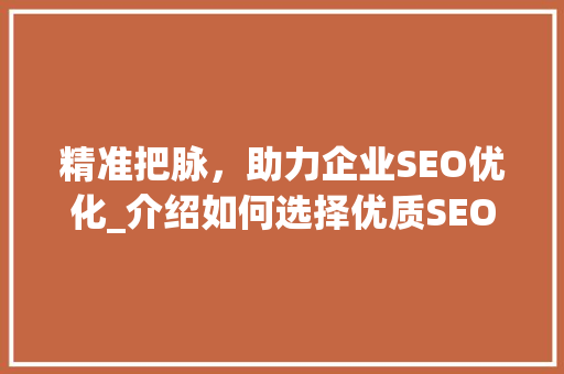 精准把脉，助力企业SEO优化_介绍如何选择优质SEO供应商