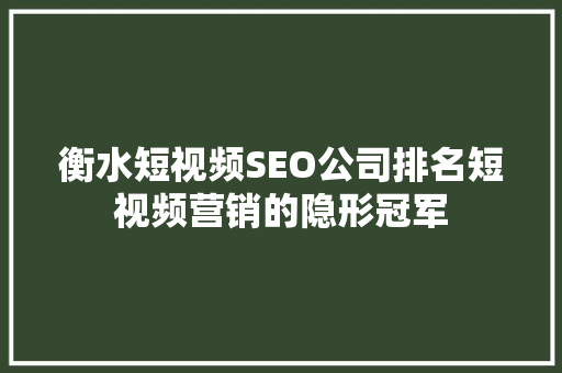 衡水短视频SEO公司排名短视频营销的隐形冠军