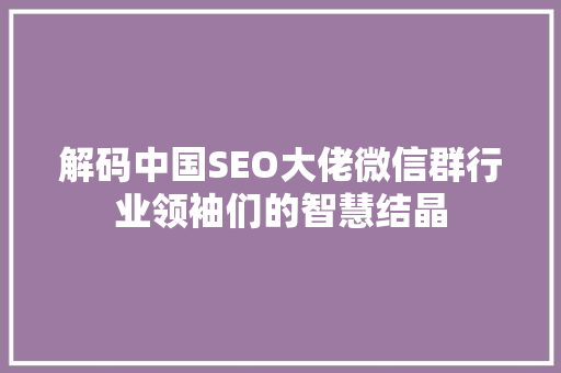解码中国SEO大佬微信群行业领袖们的智慧结晶